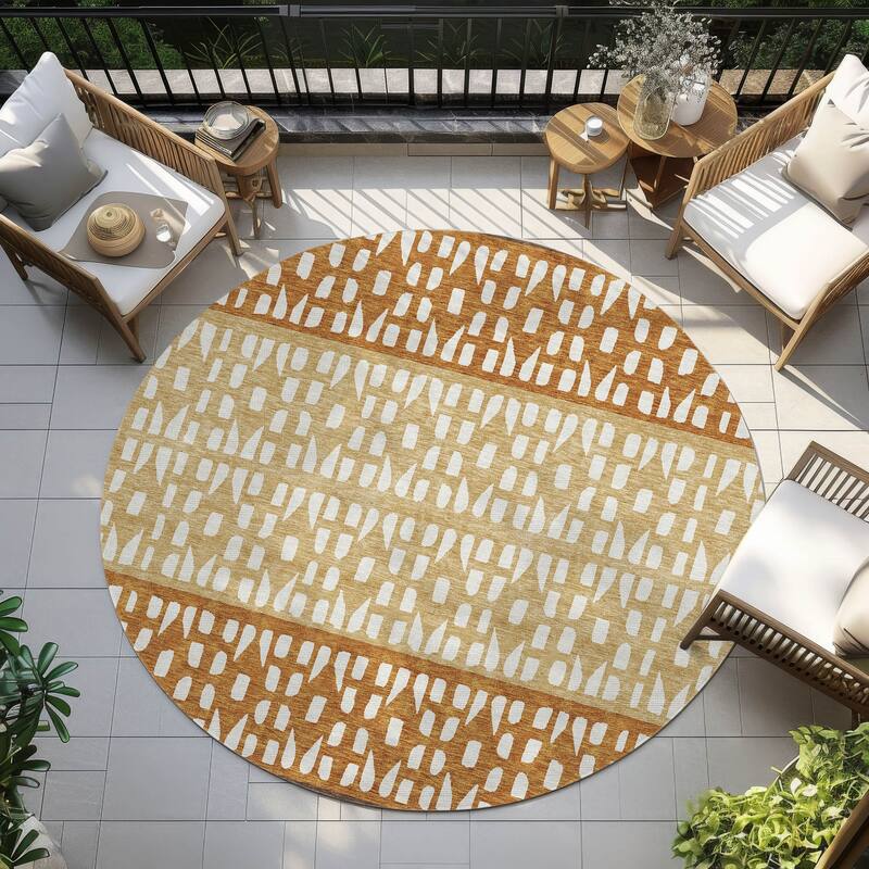 Machine Washable Indoor/ Outdoor Stripe Geo Chantille Rug - Coffee - 8' x 8'
