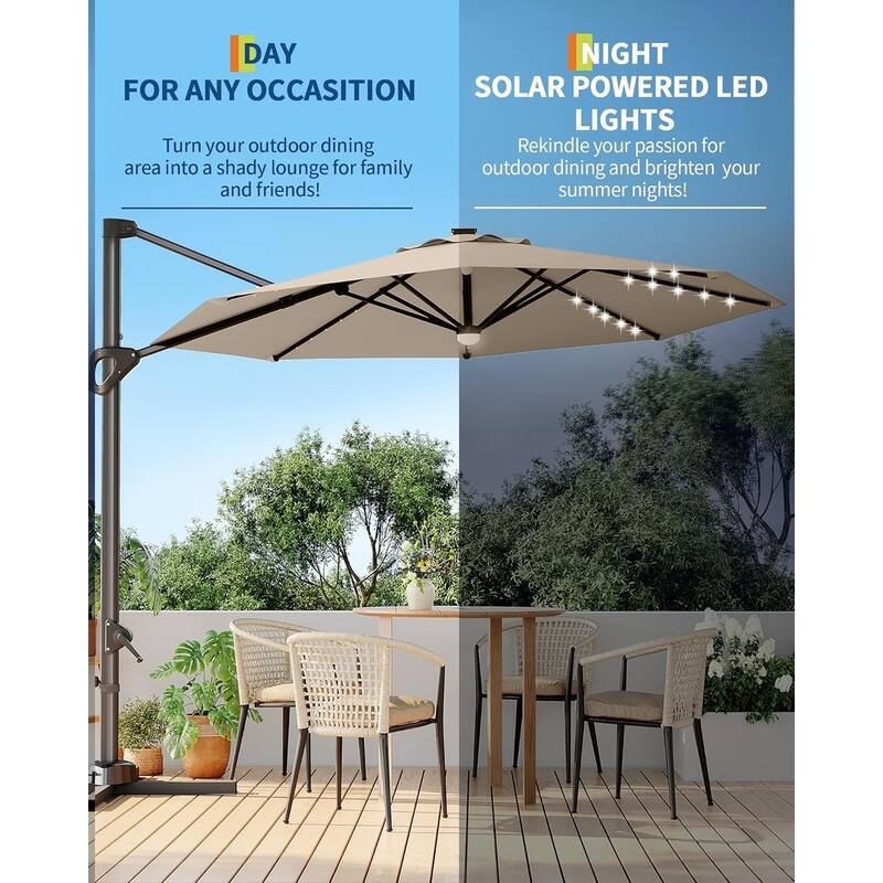10FT Outdoor Cantilever Umbrella Patio Umbrella Solar LED with Base Included, 360-Degree Rotation
