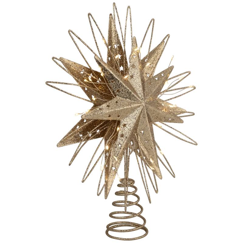LED Lighted Starburst Glittered Christmas Tree Topper - 13" - Champagne Gold - White Lights
