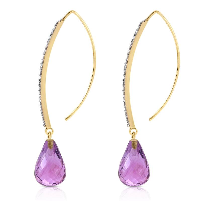 14K Solid Gold Diamonds Hook Earrings w/ Dangling Briolette Amethysts