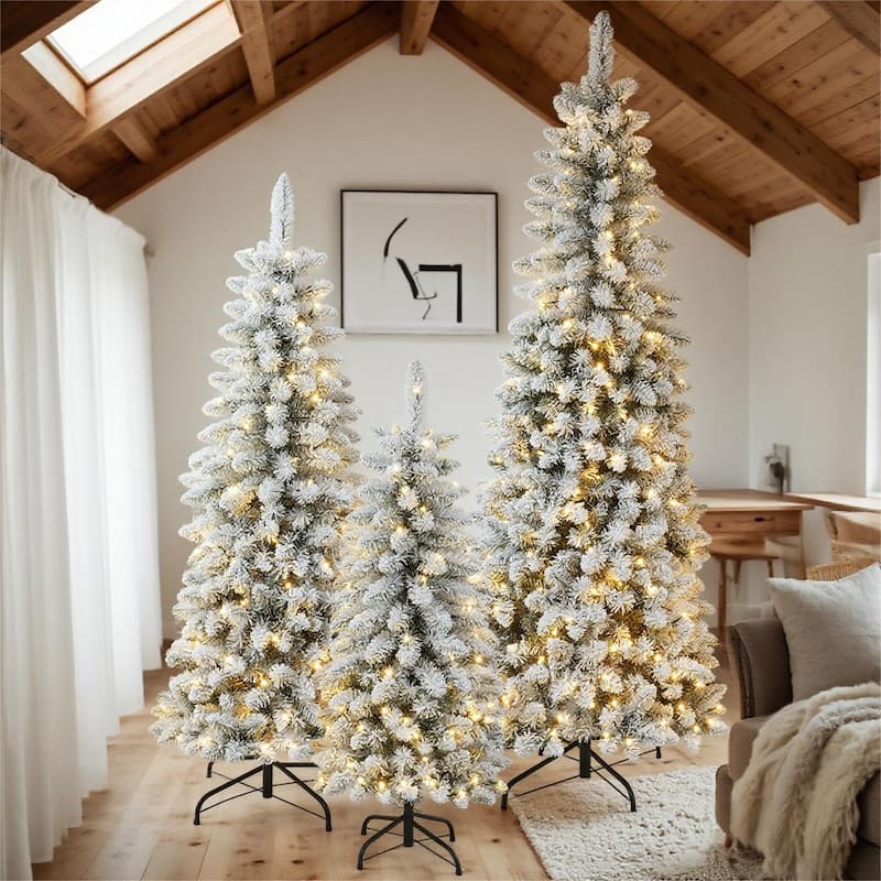3 Pcs Flocked Artificial Christmas Tree Set, 4ft 5ft 6ft Christmas Snow Tree Set with Light - Green,White