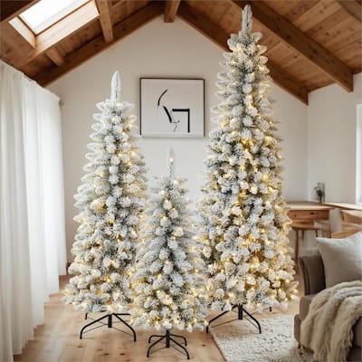 3 Pcs Flocked Artificial Christmas Tree Set, 4ft 5ft 6ft Christmas Snow Tree Set with Light