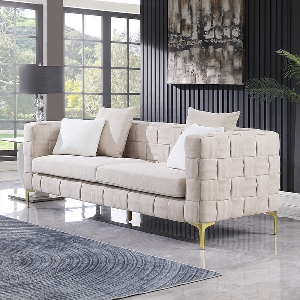 New Concept Weave Sofa With Gold Legs Velvet Fabric Pillows