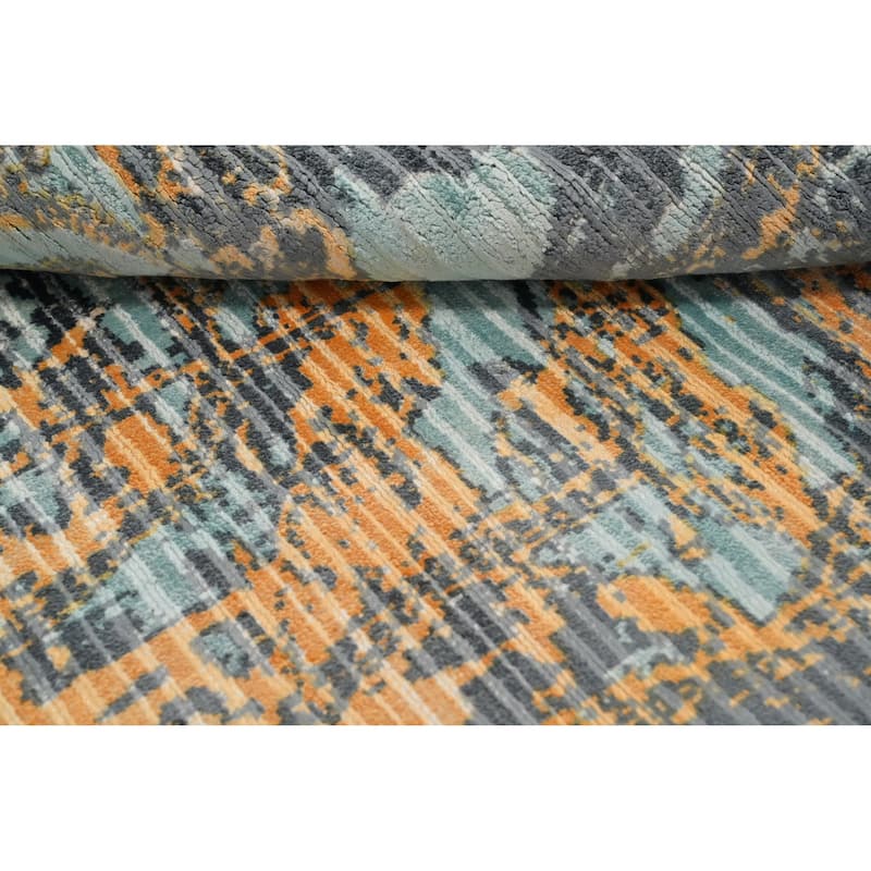 Hand Knotted Oriental Viscose Silk Carpet Modern Pictorial Multi-Colored Abstract Area Rug - 6' 6'' X 4' 5''