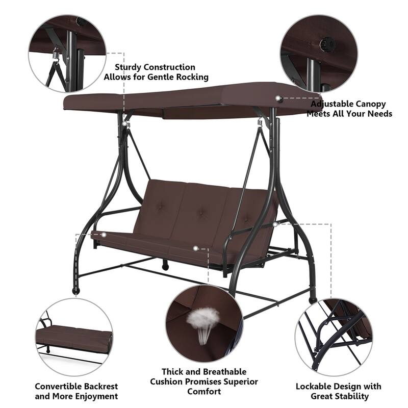 3-Seats Patio Swing Canopy Hammock Porch Swing Glider