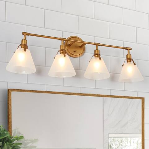 Coney Modern Gold 4-Light Cone Glass Bathroom Vanity Lights Wall Sconces - Antique Brushed Gold - 31.5'' L x 6.7'' W x 10.6'' H