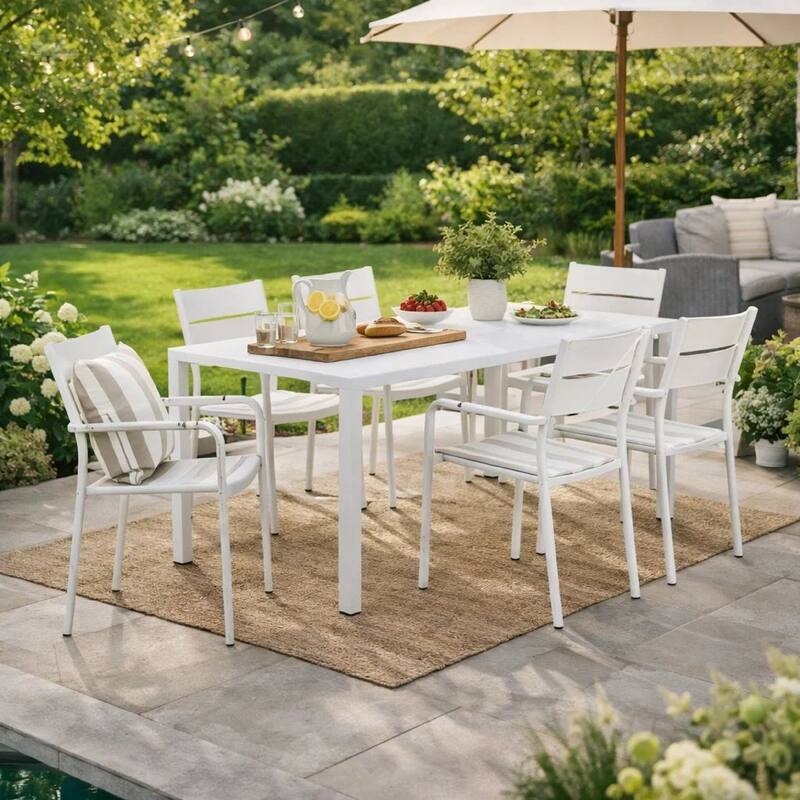 Meta 7 Piece Outdoor Dining Table, Chairs Set, White, Plank Seat and Backs