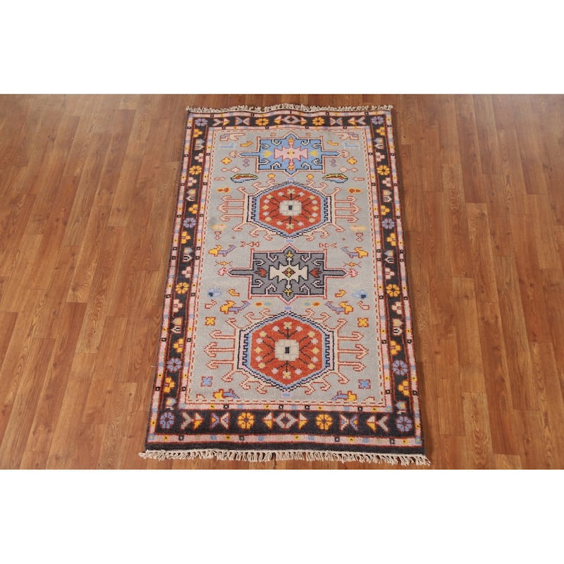 Geometric Grey Kazak Foyer Rug Hand-Knotted Wool Carpet - 3'0"x 5'0"