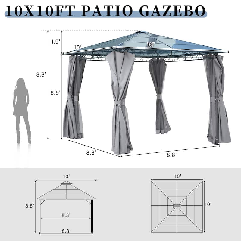 10'x10' Hardtop Gazebo - Polycarbonate Roof, Aluminum Frame, Mosquito Net & Privacy Screens for Shade & Rain