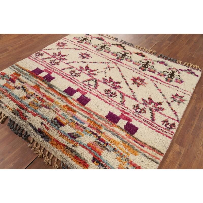 Plush Ivory Moroccan Square Rug Handmade Wool Carpet - 5'5" x 5'11"