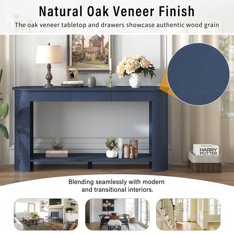 59.8"Modern Veneer Console Table with 3 Drawers,Farmhouse Entryway Table with Shelf,Wood Sofa Table with Semi-Circular Design
