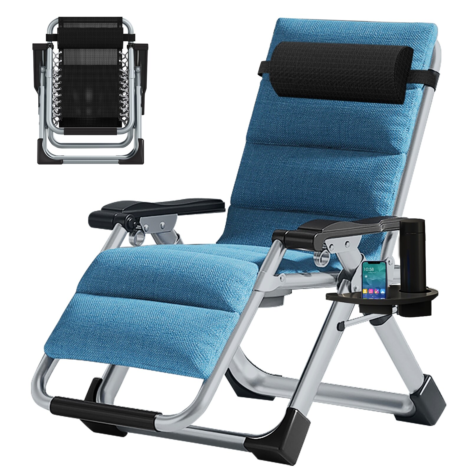 DoCred Folding Outdoor Zero Gravity Chair with Cushion Pillow Blue