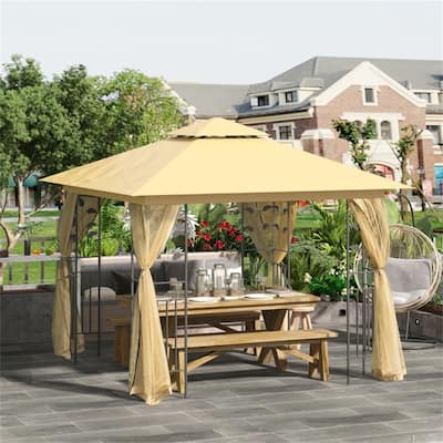 Beige Outdoor Gazebo with Powder-Coated Steel Frame Polyester Canopy and Mesh Sidewalls for Garden Patio