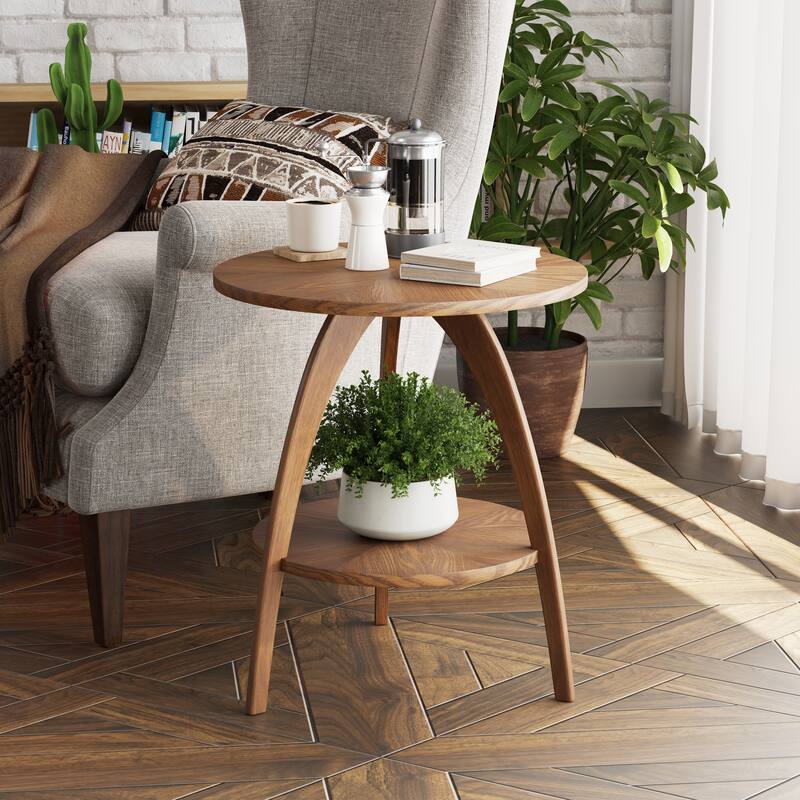 COZAYH Wood Round End Table with Storage Shelf, Walnut Finish Mid-Century Modern Accent Side Table with Curved Legs
