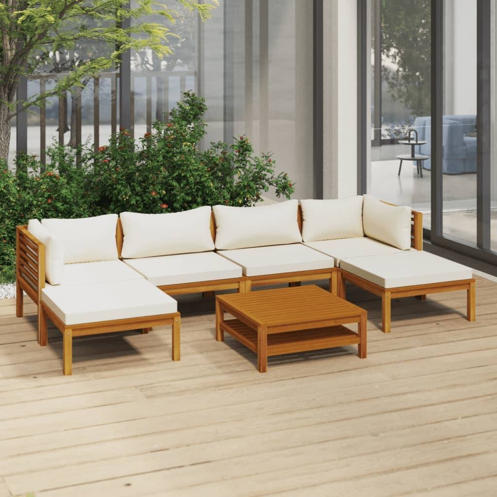 7 Piece Patio Lounge Set with Cream Cushion Solid Acacia Wood