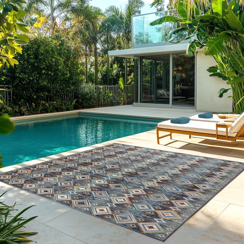 Gertmenian Sierra Kenna Moroccan Bohemian Tribal Grey Navy Blue Indoor/ Outdoor Area Rug