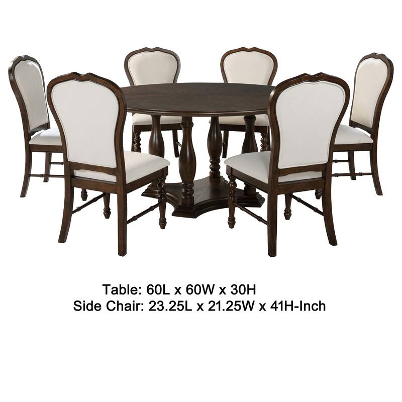 Monta 7pc Round Dining Table Set, Ivory Fabric, Cherry Brown Wood