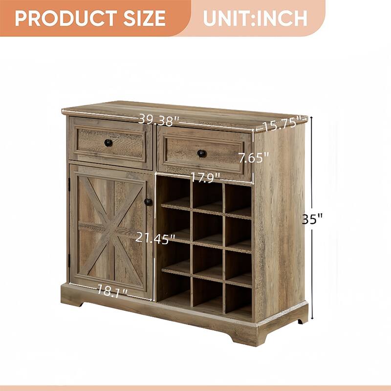 Rustic Farmhouse Buffet Cabinet with Storage,Multifunctional Sideboard with 2 Drawers,Bar Cabinet - 39.37D*15.75W*34.65H