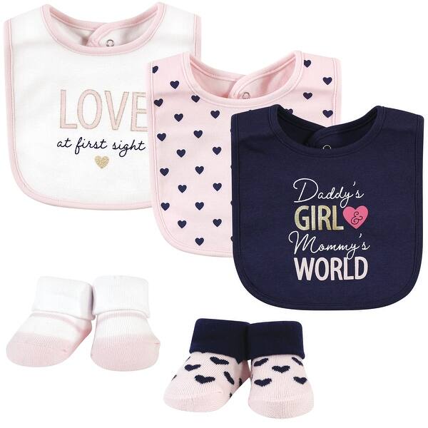 slide 1 of 1, Hudson Baby Infant Girl Cotton Bib and Sock Set, Love At First Sight, 0-9 Months - Love At First Sight - One Size One Size - Love At First Sight