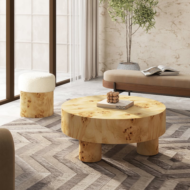 Nebula 35.5" Burl Wood Round Coffee Table with Pillar Legs - Warm Natural Brown