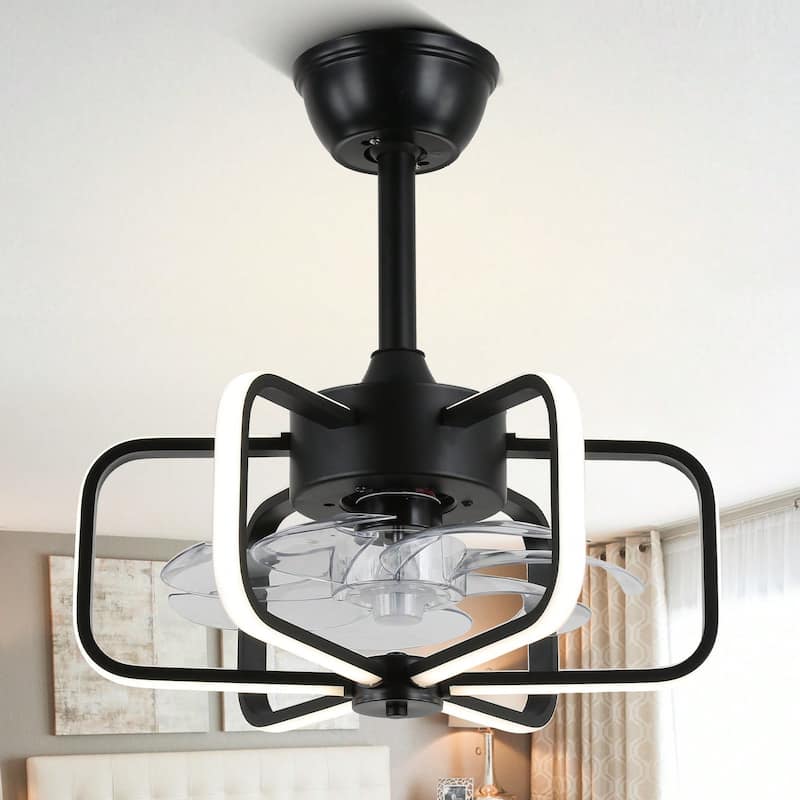 Cusp Barn 18 Inch Modern Ceiling Fan with Dimmable LED Light, Vintage Fandelier, Bladeless Industrial 6-Speed Fan for Bedroom - Black
