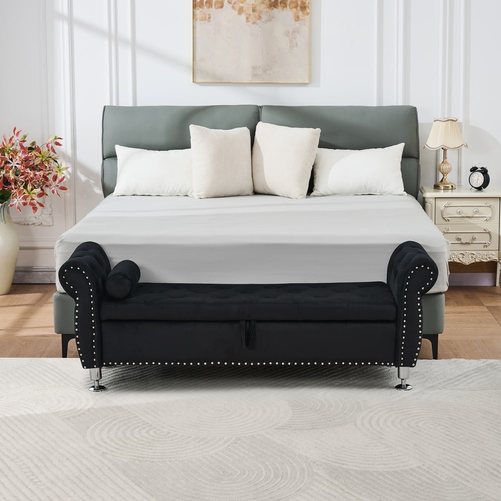 Velvet Storage Bench 62.2 Inch Upholstered Tufted Ottoman Bench with Rolled Arms, Large End of Bed Bench with Rivet Decoration