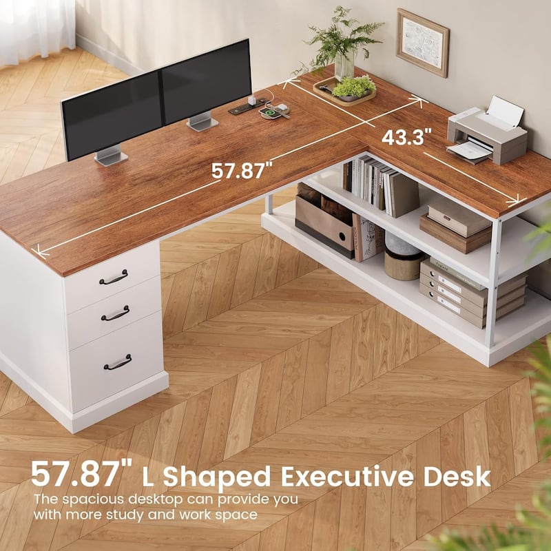 L Shaped Desk Drawers Storage Shelves Executive Home Office Desk