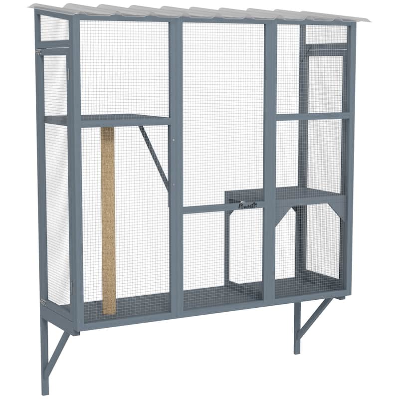 PawHut Outdoor Catio, Cat Window Catio Box Enclosure for 2-3 Large Indoor Cats with 2 Jumping Platforms, Scratching Post - Grey