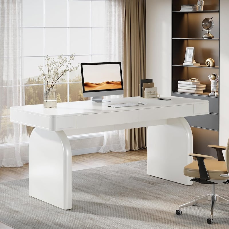 63-Inch White Desk with Drawers, Modern Elegant Glossy Executive Office Desk