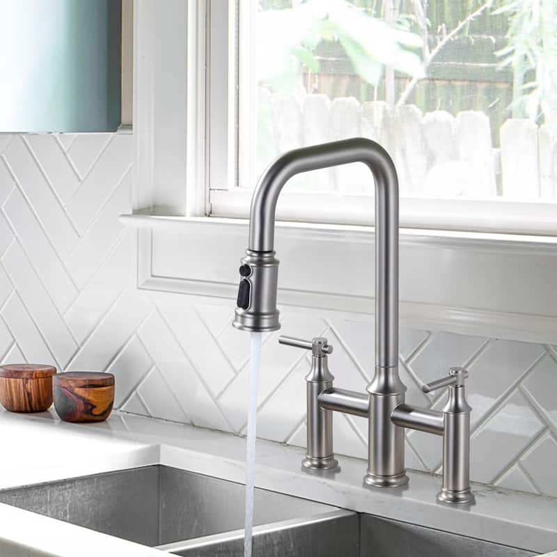 WOWOW Double Handle Bridge Kitchen Faucet with Advanced Spray