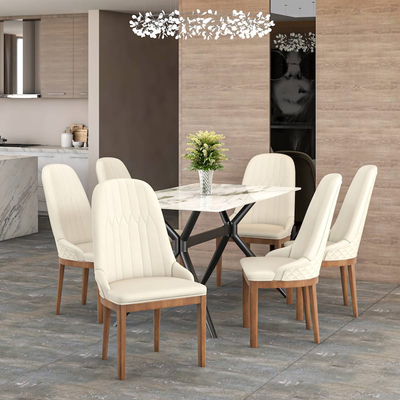 Leather Dining Chair with Rubberwood Legs Set of 4 Side Charis Sleek Diamond Stitching Back