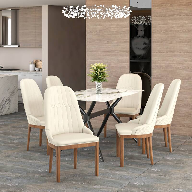 Leather Dining Chair with Rubberwood Legs Set of 2 Side Charis Sleek Diamond Stitching Back
