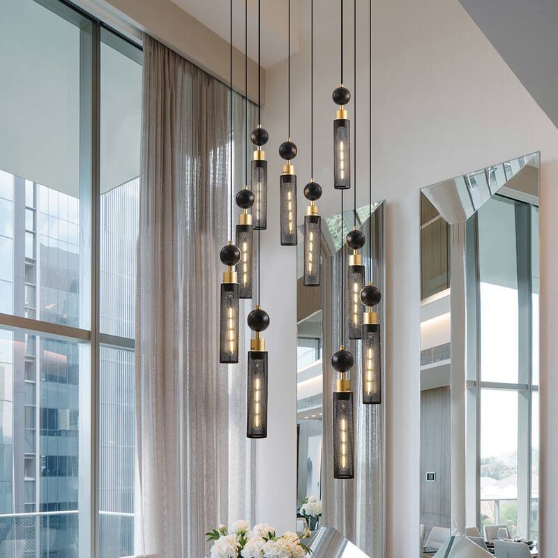 Industrial-Style 9-Light Chandelier Ceiling Light with Mesh Cylinder Shades, for Living Rooms, Dining Rooms and Staircases