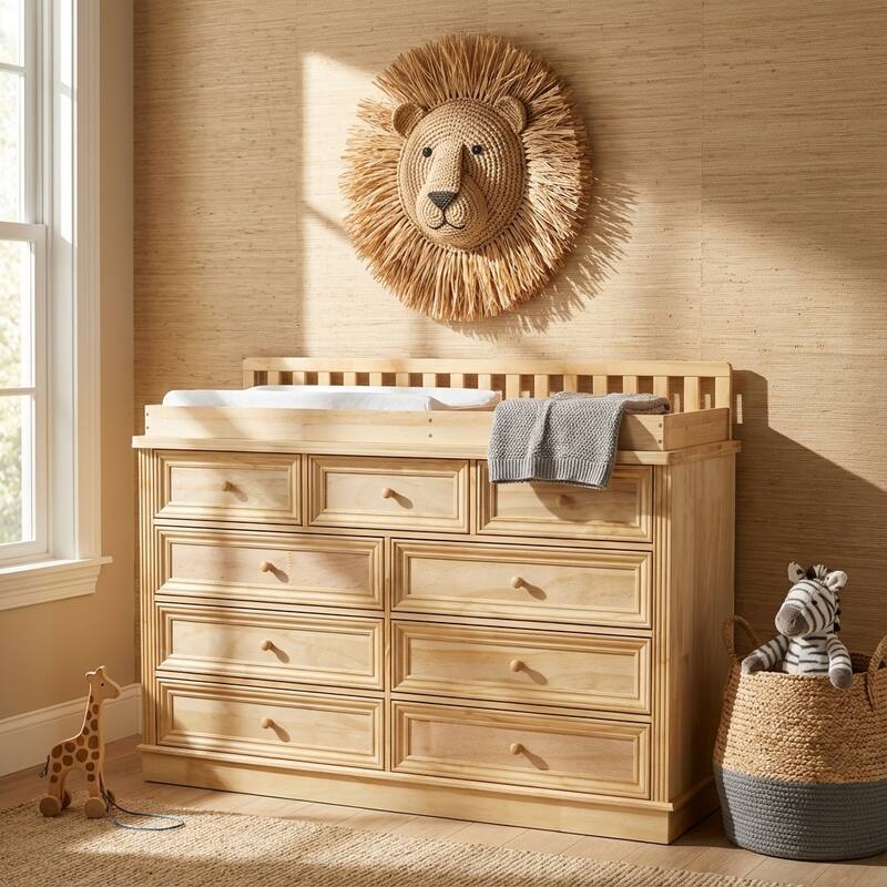 Solid Pine Wood Baby Changing Table Dresser with 9 Drawers – Natural Finish Nursery Dresser with Removable Changing Topper