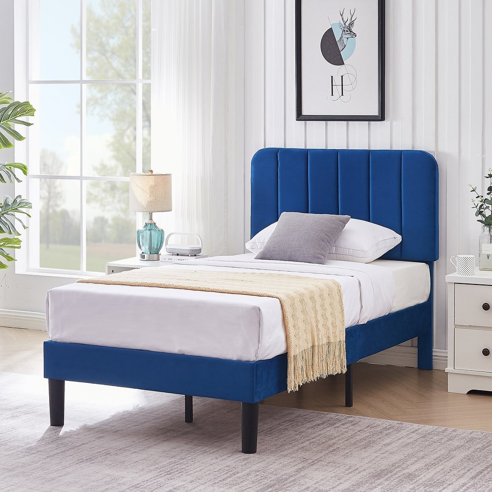 Javlergo Upholstered Adjustable Headboard Velvet Platform Bed Quiet Heavy-Duty Bed Frame No Box Spring Needed