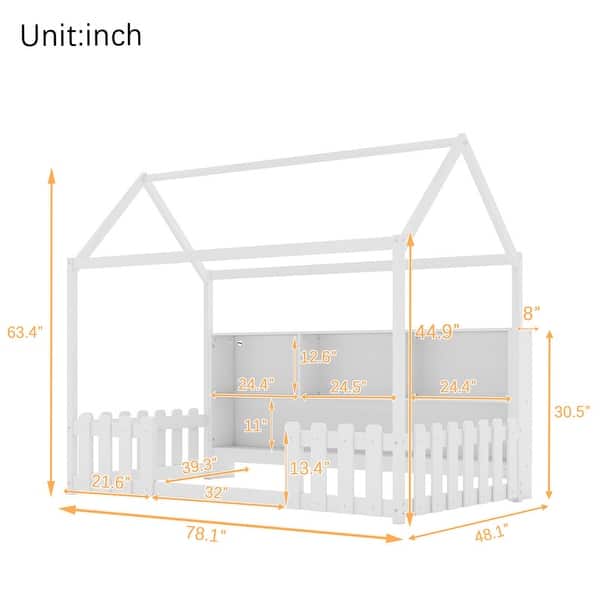 Twin Size Wood House Bed with LED Light, Storage Bookshelf and Guardrails
