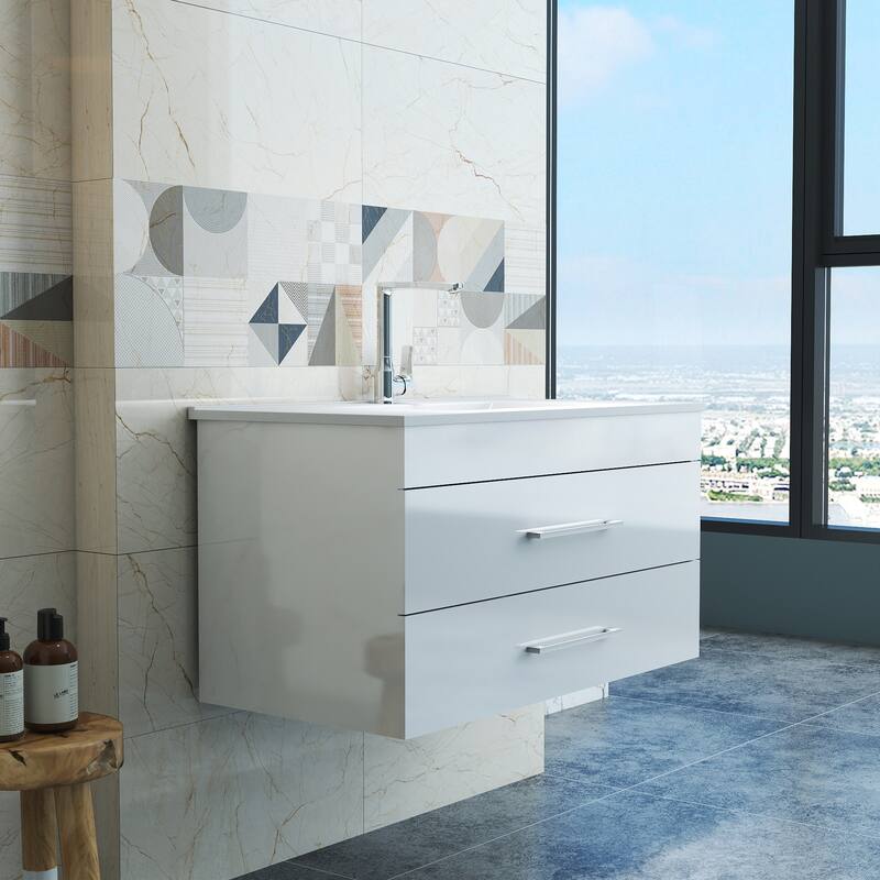 36-Inch White Gloss Wall-Mounted Bathroom Vanity with Double Drawers, Soft-Close System,Ceramic Sink,Long Metal Handle