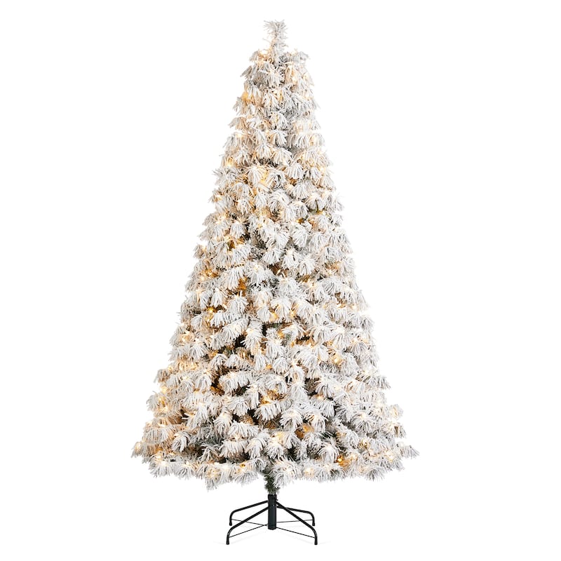 Glitzhome 6FT/7.5FT/9FT/11FT Snow Flocked Pre-lit Artificial Fir Christmas Trees