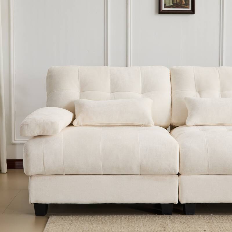 Sectional Sofa with Ottoman, Chenille Fabric Sofa with 4-Position Adjustable Backrest & 3 Pillows, Comfy Upholstered 3 Seat Sofa