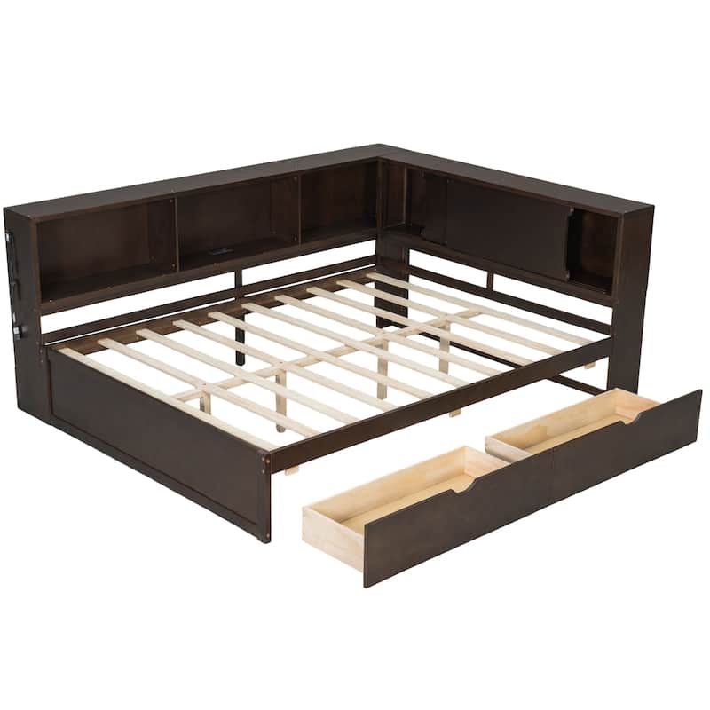 Queen Size Wood Daybed with LED Storage Shelves, USB Ports, and 2 Drawers by Harper&Bright Designs