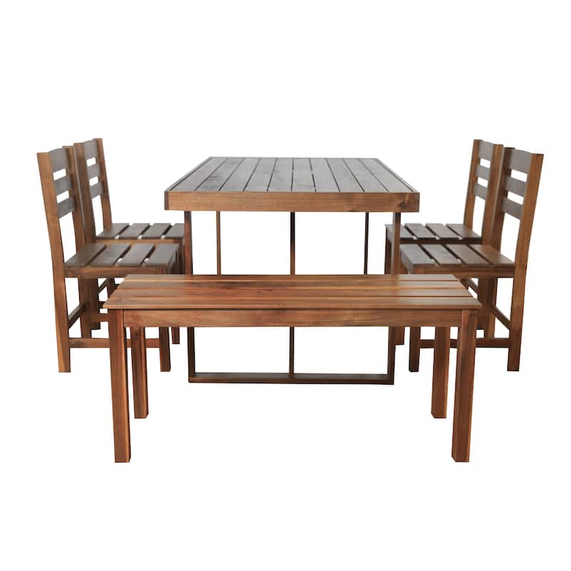 6 Piece Patio Furniture Set, Acacia Wood Outdoor Dining Table and Chairs Set with Rectangular Table, 4 Chairs and Bench