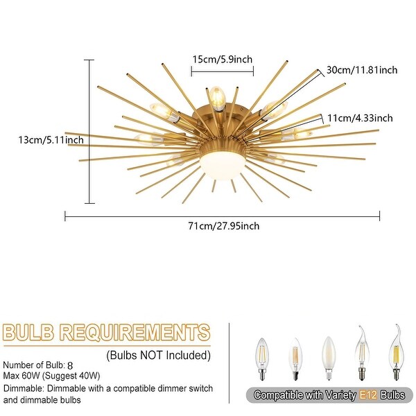 Semi Flush Mount Ceiling Fixture Golden Glam Light Fixture - 8