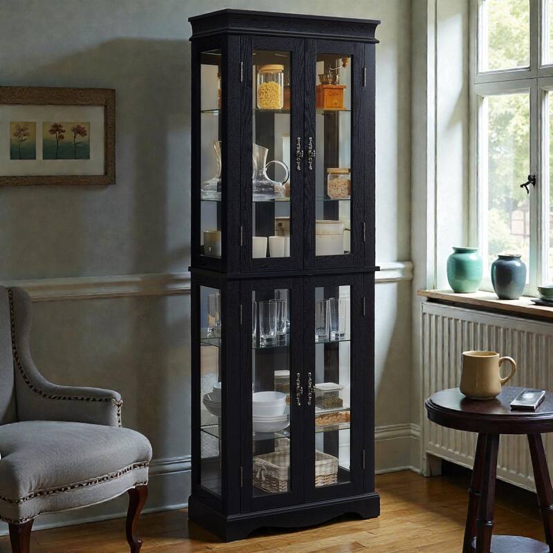 Lighted Glass Curio Display Cabinet with Wood Frame, 6-Tier Storage for Wine, Collectibles and Toys, Light Bulb Included