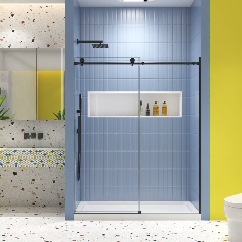 60"W x 74"H Frameless Single Sliding Shower Door with 5/16" Tempered Glass - 60'' x 74'' - Matte Black