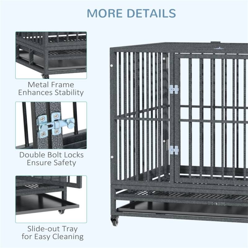 Grey Dog Cage with Secure Welded Frame Slide-Out Tray Front and Top Doors and Rolling Wheels