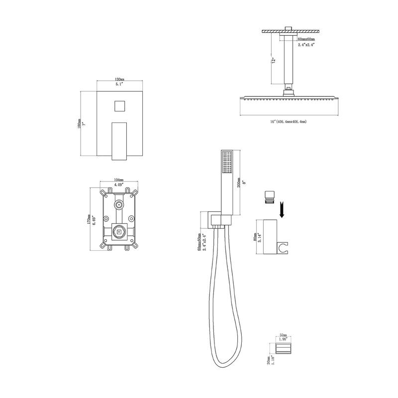 Topcraft 16-inch Ceiling Mount Square Shower System with Rough-in Valve - 16*16