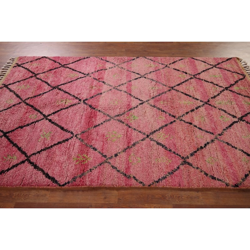 Pink Trellis Plush Moroccan Area Rug Handmade Wool Carpet - 5'3" x 8'10"
