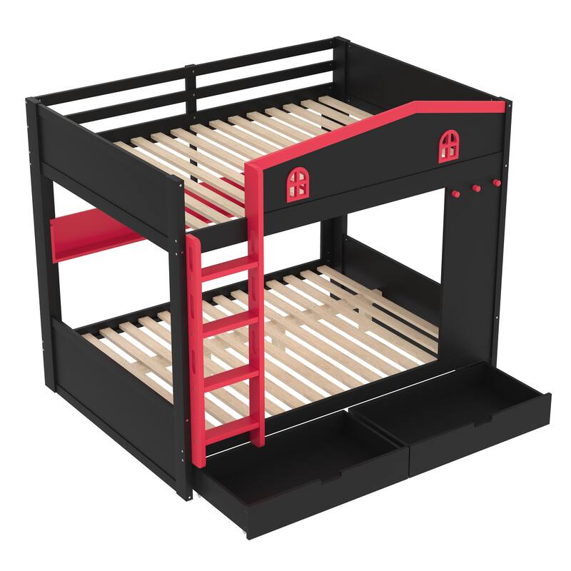 House-shaped Bunk Bed with Hooks, Storage Shelves, Safety Guardrails and Optional with Underbed Drawers or Trundle Bed