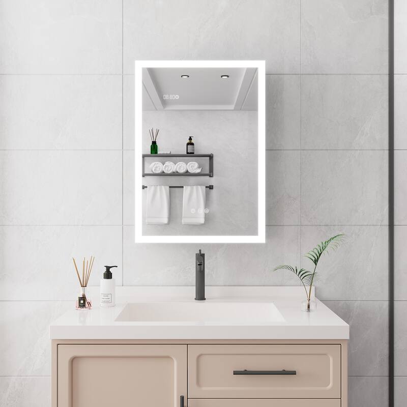 Bathroom Medicine Cabinet with Lights, 28 Inch LED Cabinet with Mirror, Lighted Medicine Cabinet with Defogger, Digital Clock - Silver