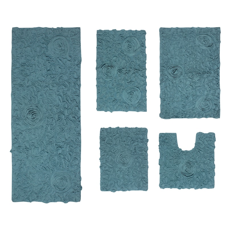 Bell Flower Collection 100% Cotton Non-Slip Bathroom Rug Set, Machine Washable Bath Rug, 5 Piece Bath Mat Set with Runner - Blue